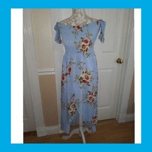 OFF SHOULDER BABY BLUE FLORAL MIDI DRESS
